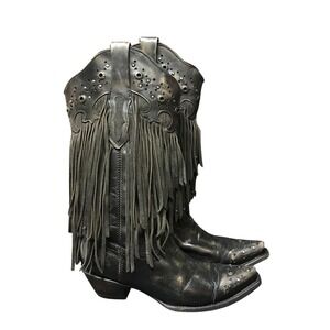 Corral Sierra Black Distressed Leather Fringe Studded Snip Toe Western Boots 6.5